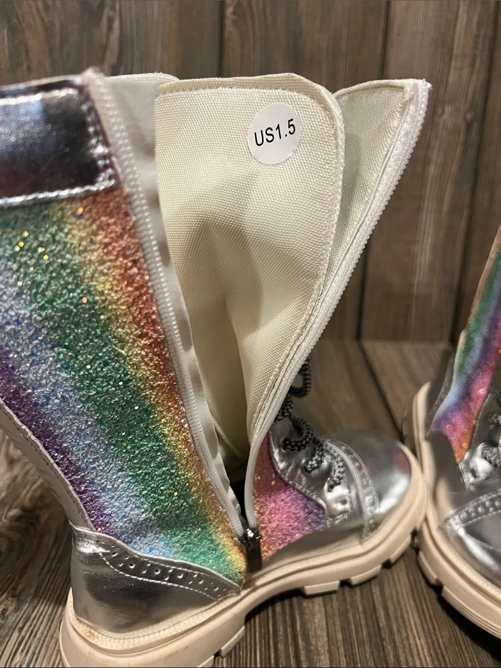 Source Unknown Silver Combat Boots with Rainbow Glitter Panel